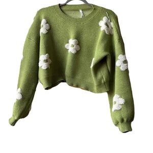 Dreamers Green Daisy Cropped Crewneck Sweater